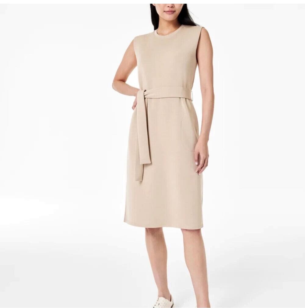 Spanx Air Essentials Sleeveless Tahini Belted Summer Scuba Knit Tank Dress M